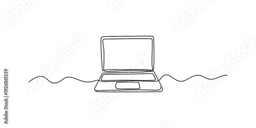 Simple black and white sketch of a laptop using a single continuous line style. Vector, illustration