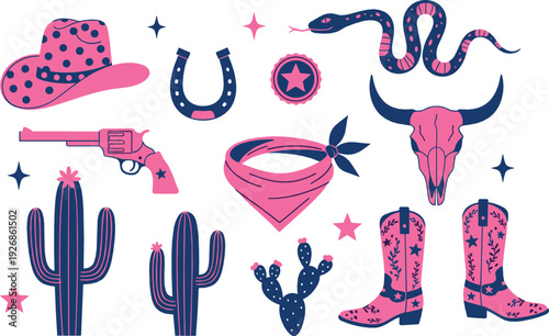 Western Cowboy Elements Collection with Hat, Boots, Cactus, Revolver and Bull Skull Flat Vector Illustration Set