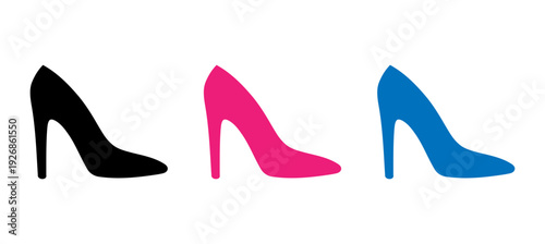 Three high heeled shoes in black, pink, and blue