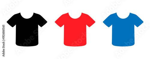 Three colorful t-shirts black, red, and blue