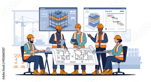 Construction Team Collaborating on Blueprints and Digital Models.