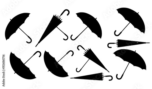 Open and Closed Yellow Black Umbrellas Flat Vector Illustration Isolated on White Background