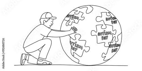 Illustration of a man kneeling and placing a jigsaw puzzle piece onto a large globe. Vector, illustration
