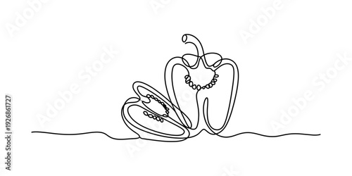 Continuous one line drawing of a sliced bell pepper or capsicum on a white background Vector, illustration