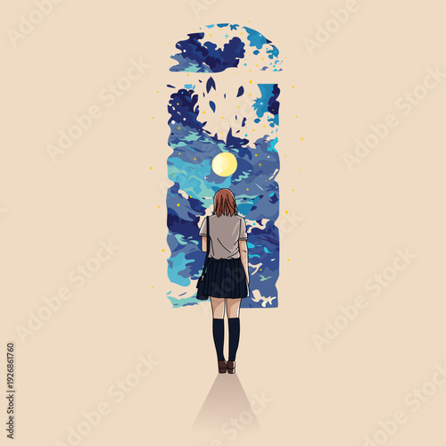 A girl gazes at a moonlit scene