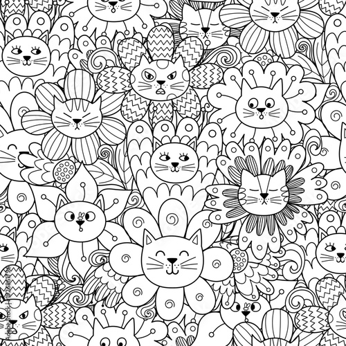 Cute flower cats black and white seamless pattern. Cute spring or summer feline characters background for coloring book. Vector illustration