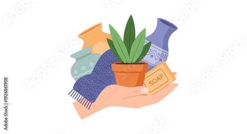 Cozy Home Essentials & Self-Care: Hand Holding Potted Plant, Natural Soap, Knitted Blanket, and Ceramic Vases - Flat Vector Illustration