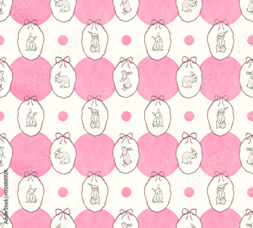 Watercolor hand-drawn seamless pattern with and ribbon. Easter background. Baby print. Cute rabbit print. Easter bunny seamless pattern.