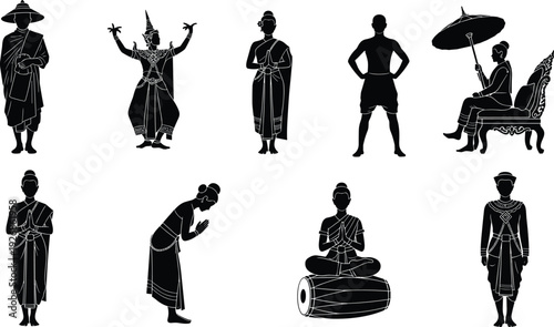 Thai traditional people silhouettes set with dancer greeting royal and cultural costume illustration collection