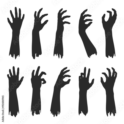 Silhouetted zombie hands reaching upwards in a spooky unsettling arrangement