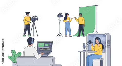 Content creation studio with diverse media production activities.