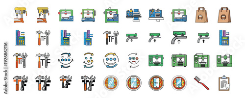 Collection of colorful icons for business technology and communication on white background