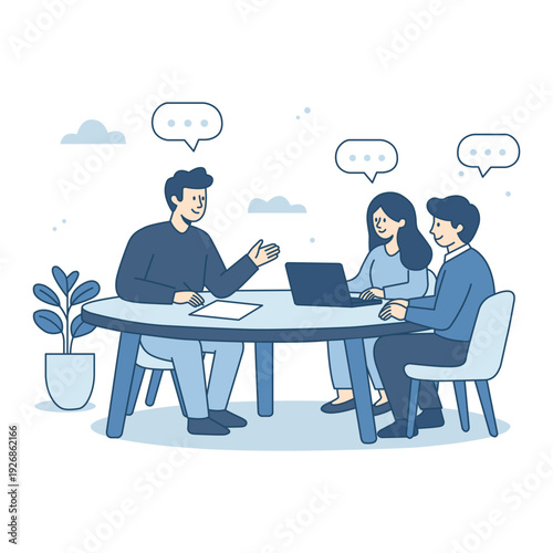 Business meeting - teamwork concept. People characters sitting at round table talking, using laptop and sharing ideas with speech bubbles. Group of colleagues brainstorming in office. Flat line vector