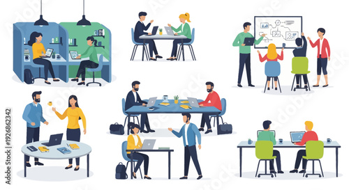 Diverse business people collaborating in modern office settings.