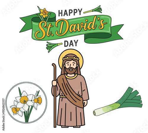 A festive illustration for St. David's Day featuring a cartoon saint, shamrocks, and a leek, symbolizing Welsh heritage and culture.