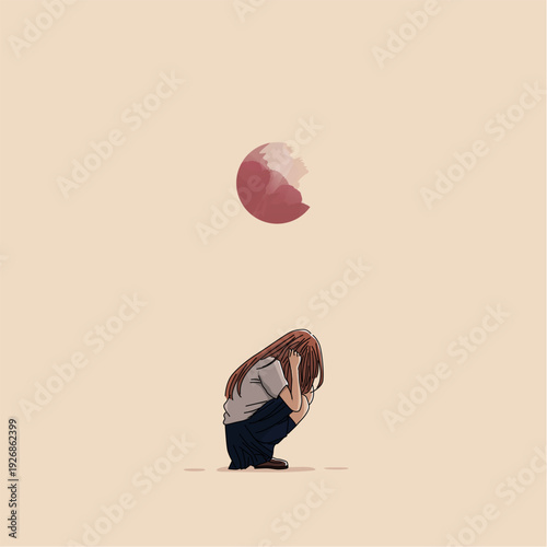 A sad girl sits beneath a bitten moon