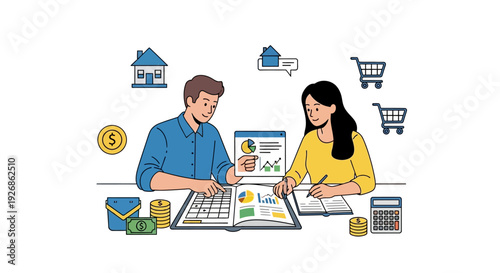 Couple managing finances and planning budget together.