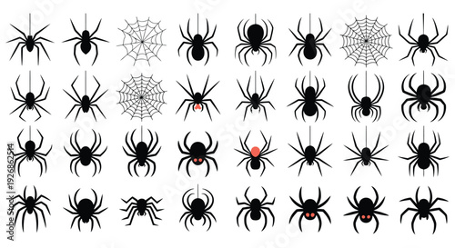 Collection of black spider silhouettes and spiderwebs