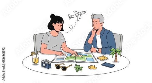 Couple Planning Vacation Using Map and Discussing Travel.