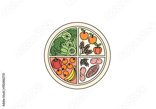 Healthy eating plate divided into sections showing fresh produce grains protein and fruits for balanced nutrition concept