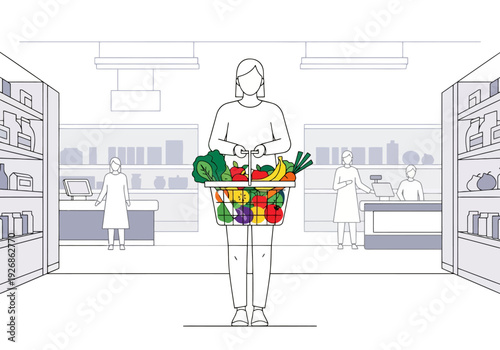 Woman holding full shopping basket with fresh produce in aisle with shelves and checkout counter on a brightly lit day
