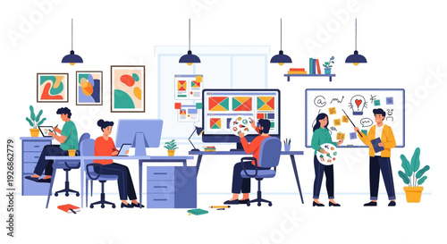 Creative team collaborating in a modern art studio environment.