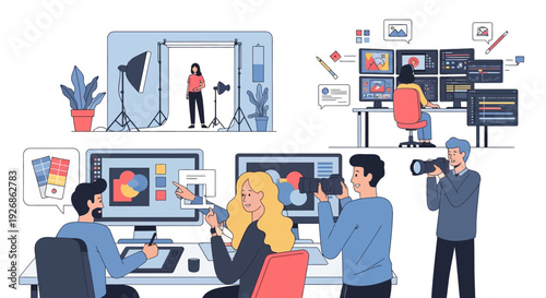 Creative professionals working in a modern studio environment.