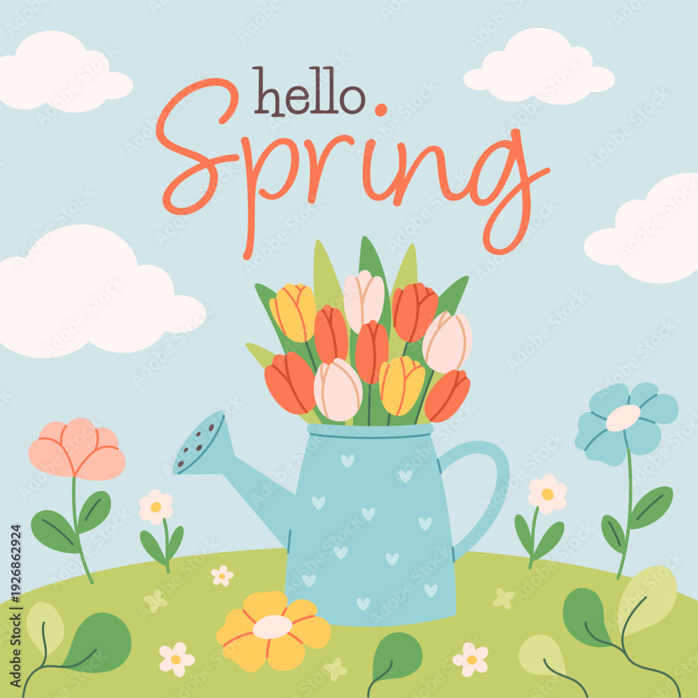 Obraz premium Hello spring greeting card with cute watering can, tulips, spring flowers on meadow. Perfect for cards, invitations, posters, home decor, and seasonal design. Flat vector illustration
