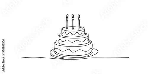 A simple continuous line art drawing of a three-tiered birthday cake with three candles on top. Vector, illustration