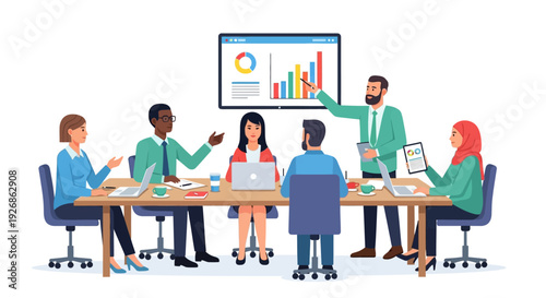 Diverse business team collaborates in modern office meeting.