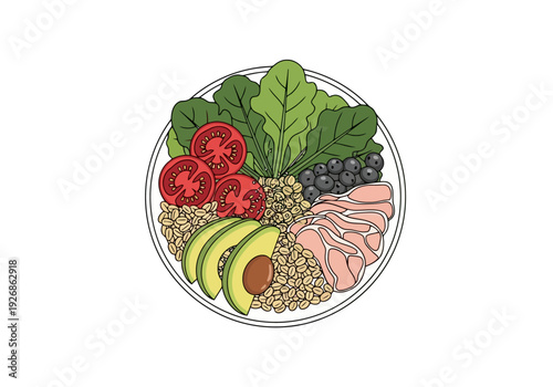 Fresh Healthy Bowl With Lentils Avocado Tomatoes Greens Berries And Sliced Meat For Nourishing Meal