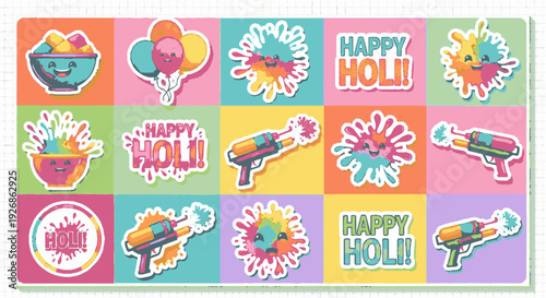 Vibrant holi festival stickers with colorful balloons water guns and happy messages on bright backgrounds