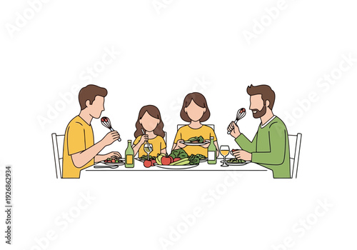 Healthy Family Eating Dinner Together Around Table Enjoying Fresh Food Mealtime Bonding Outdoor Picnic Concept Flat Style Line Art