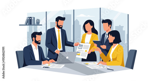 Diverse business team collaborating in a modern office meeting.