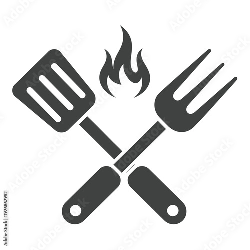 Crossed spatula and fork with flame for barbecue cooking utensils icon