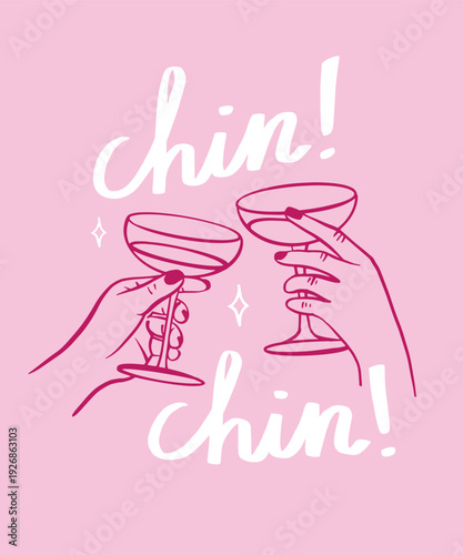 Cheers Illustration with Hands Holding Cocktail Glasses in Line Art Style.Minimal line art illustration of two hands holding cocktail glasses and making a toast. Modern feminine vector design