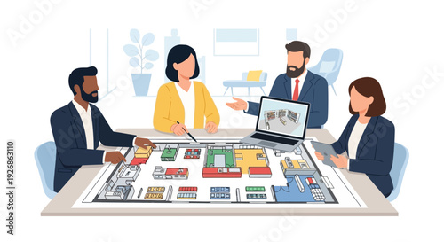 Diverse business team collaborates on urban planning project around table.