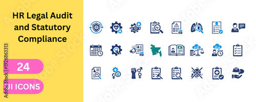 Professional business icons for HR legal audit and compliance. Personnel management, industrial relations, payroll audit, equality, safety check