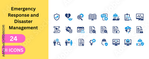 Emergency response and disaster management digital UI icons. Global monitoring, equipment check, legal compliance, hazard control, rescue gear