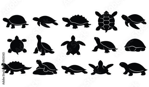 Collection of black turtle silhouettes in various poses 1