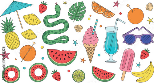 Summer Tropical Elements Collection with Fruits, Ice Cream, Cocktail and Beach Accessories Flat Vector Illustration Set
