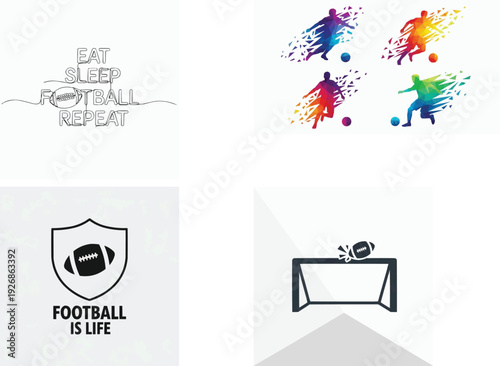 Collection of footballthemed graphic elements including player silhouettes and motivational quotes