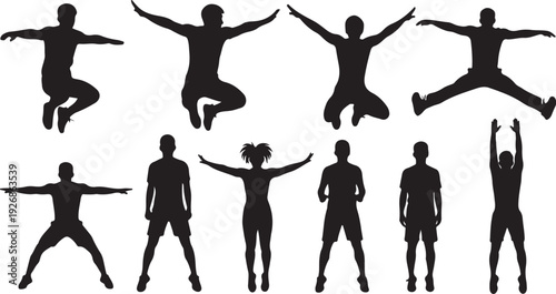 Silhouettes of people jumping and dancing in various poses