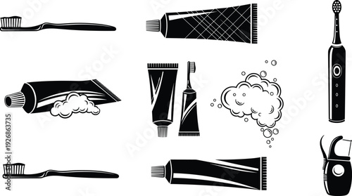Toothbrush toothpaste and electric toothbrush oral hygiene icons black and white vector illustration set