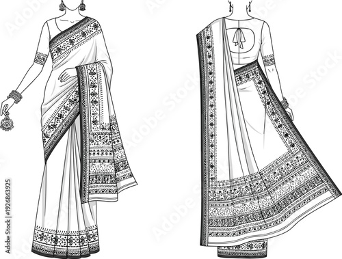 Traditional Indian Saree with Ornamental Border Front and Back View Fashion Line Art Illustration
