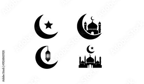 Black and White Islamic Symbol Icon Set with Crescent Moon Star Lantern and Mosque Silhouettes Vector