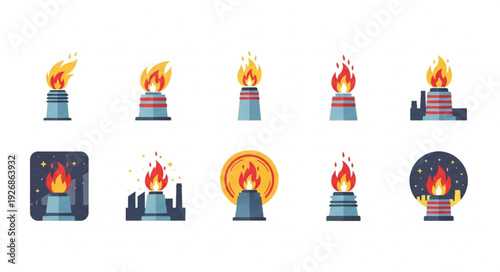 Various illustrations of flames burning on top of industrial chimneys with different designs.