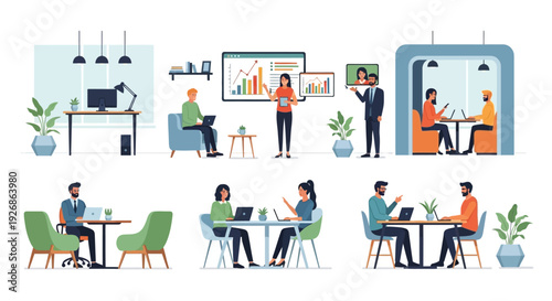 Diverse group of people engaged in various business activities in office settings.