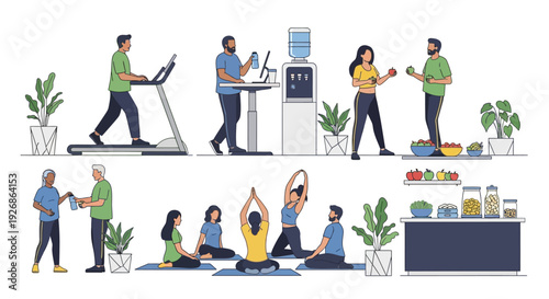 Diverse group of people engaging in healthy lifestyle activities indoors.