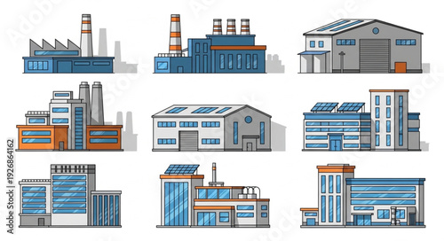 Collection of various industrial buildings and factories with different designs and architectural styles.